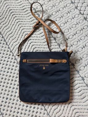 Michael Kors Navy Crossbody with Tan Trim and Gold Hardware